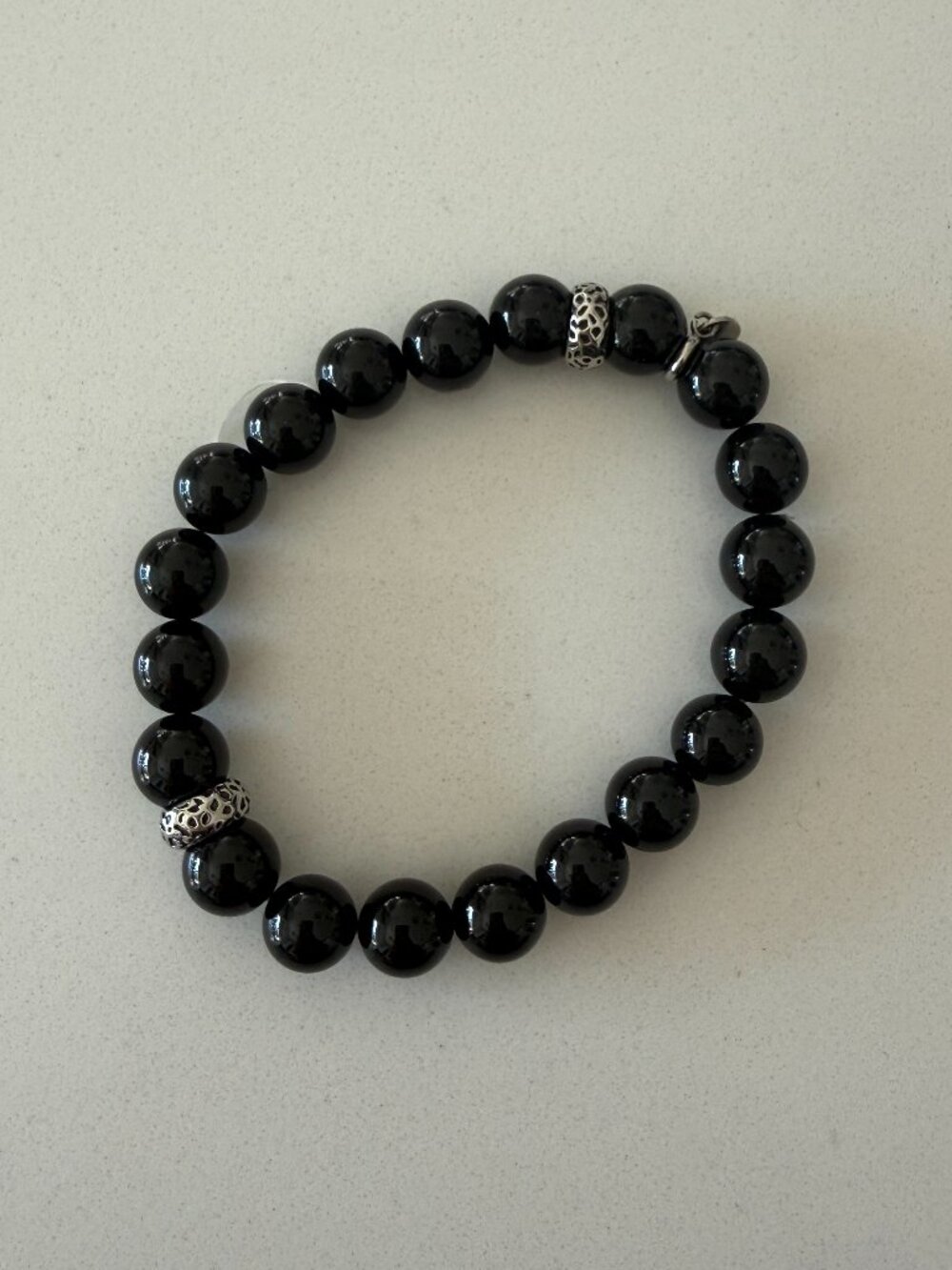 Onyx (10mm) Beaded Stretch Bracelet in Stainless Steel